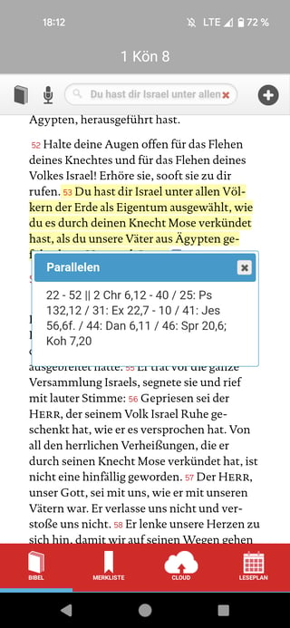 Screenshot of a mobile Bible app showing cross-reference scriptures with two parallel bars between them