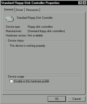 Screenshot of the Windows ME Standard FDC property page