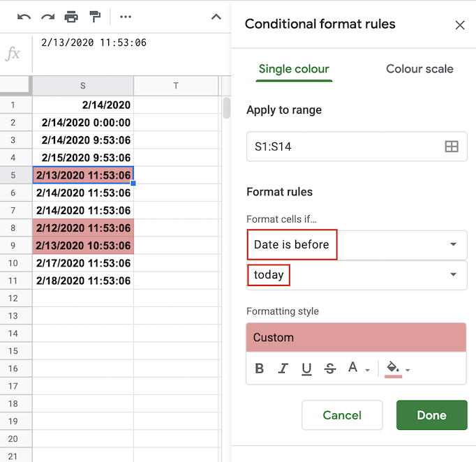 Conditional formatting for cells that have date/time within the last 24 hours