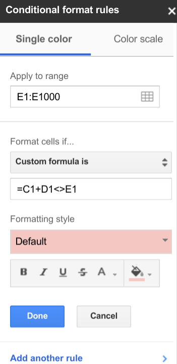 Google Sheets conditional format rules with single color and custom formula