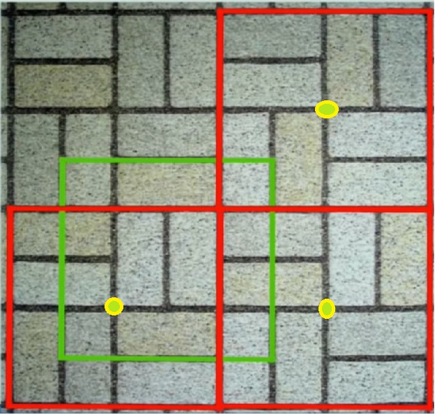 tiled floor, with unit cell and lattices marked along with the centers of mass of each