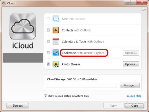 screenshot of iCloud control panel