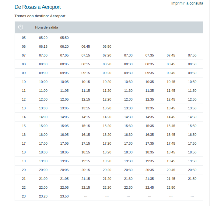 Metro timetable from Rosas to Airport