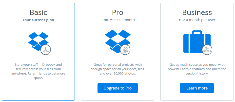 Dropbox plan - www.dropbox.com/plans