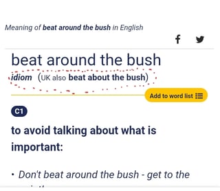 screenshot of Cambridge Dictionary entry for "Beat around the bush"