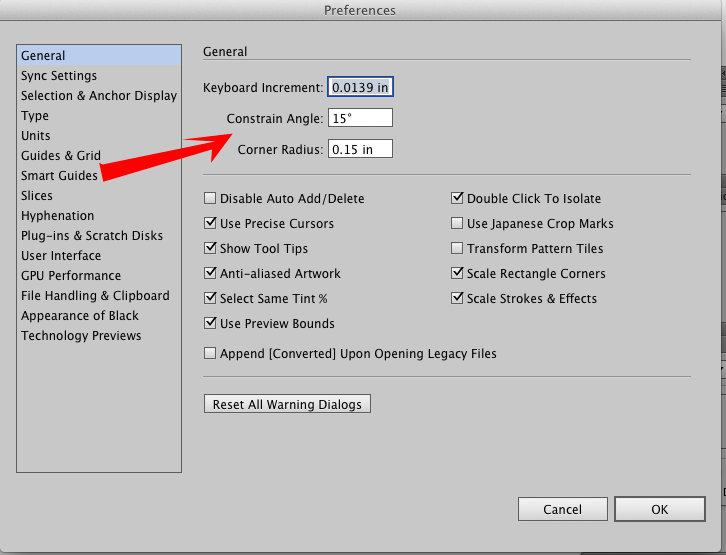 How to change the angle by default in Adobe Illustrator Preference panels