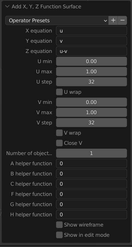 X,Y,Z Function surface example