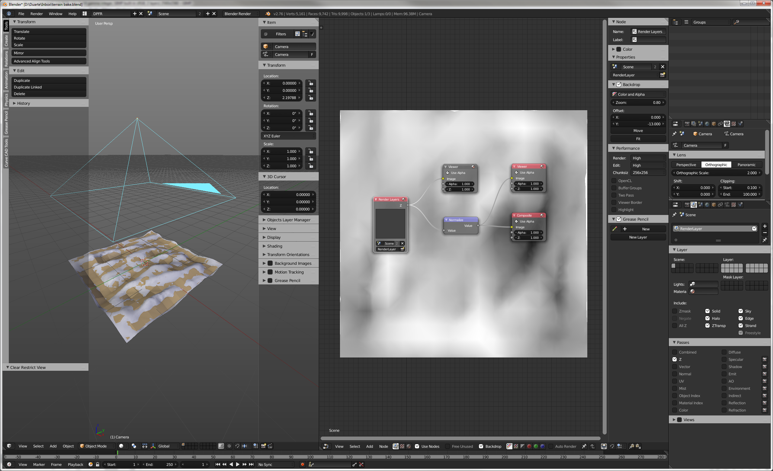 See camera to the left, node setup to the center, and camera settings above the render passes to the right