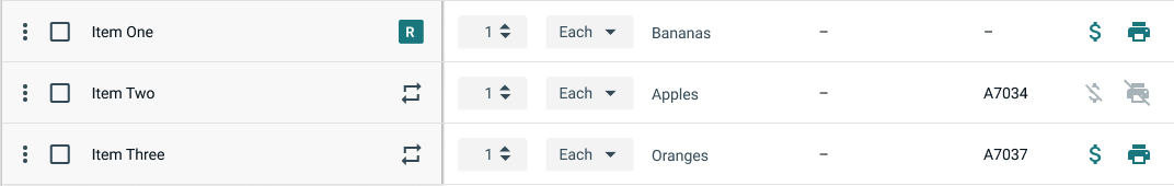 Three rows in a table with several icons