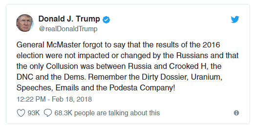 Full tweet by Trump says: "General McMaster forgot to say that the results of the 2016 election were not impacted or changed by the Russians and that the only Collusion was between Russia and Crooked H, the DNC and the Dems. Remember the Dirty Dossier, Uranium, Speeches, Emails and the Podesta Company!"