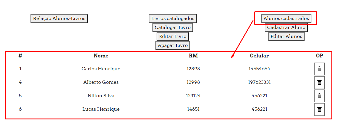 Quando eu aperto o botão "Alunos cdastrados" ele listará os dados com o html importado