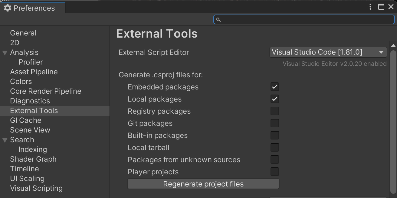 Unity preferences screensot