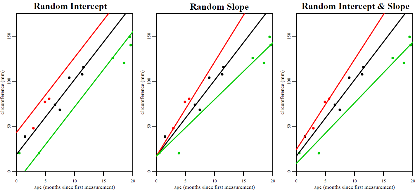 Random intercept, slope or both.