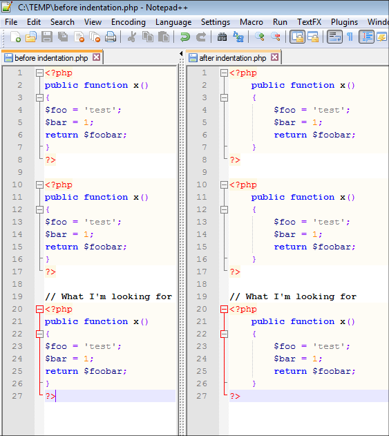 Screenshot of a PHP file before and after