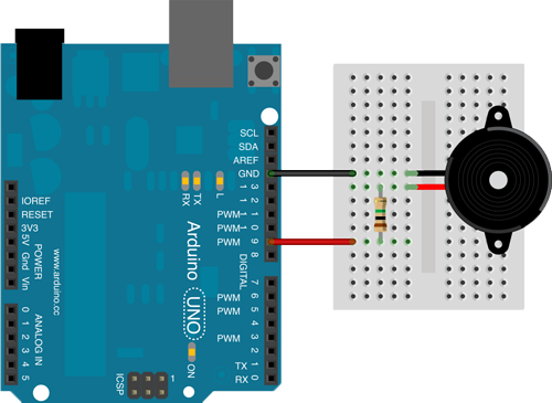 Wiring of Arduino Uno to Pieze Electric Buzzer