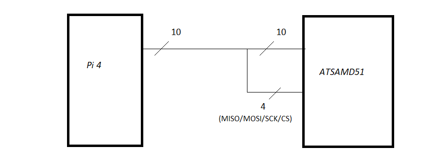 Raspberry Pi connected to ATSAMD51 by 10-line bus, with 4 lines connecting to additional ATSAMD51 connectors