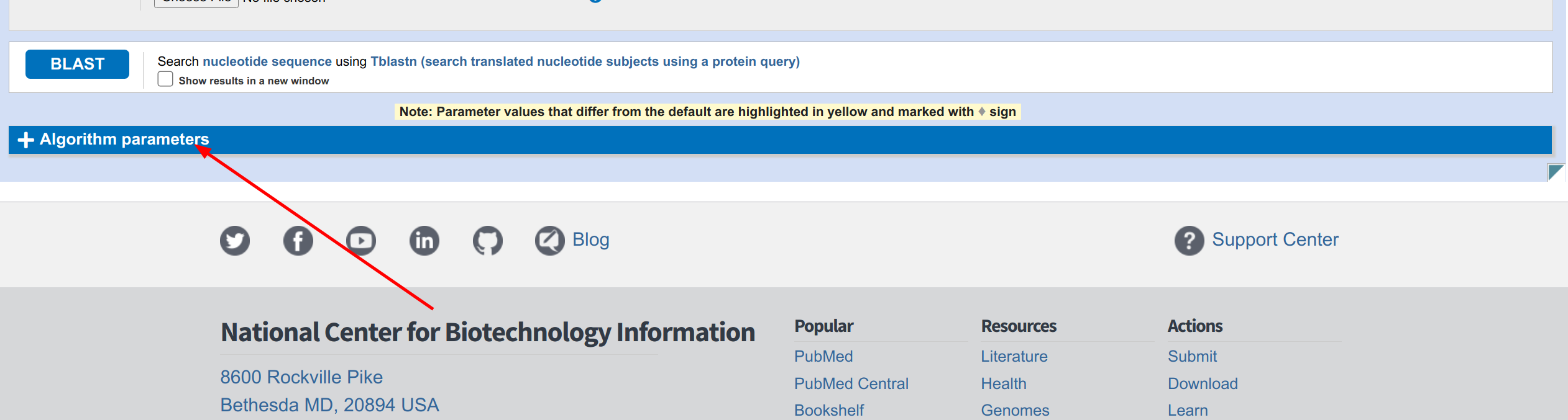 Screenshot of the NCBI blast2seqs page showing the relevant option