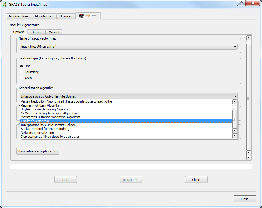 GRASS tool v.generalize algorithms selection