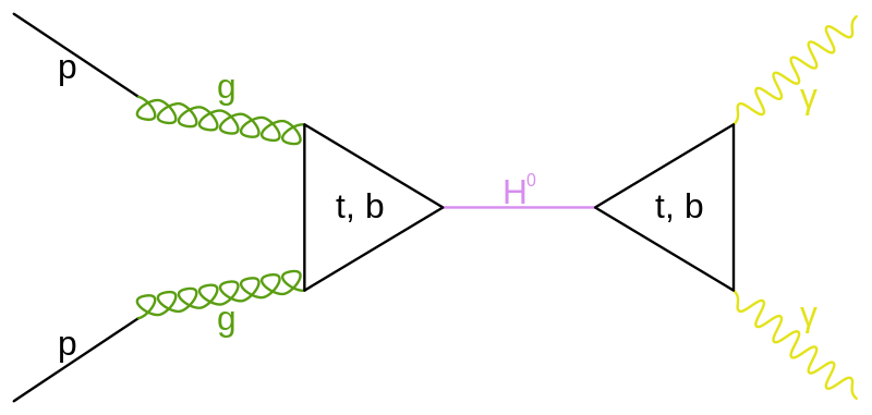 Feynman diagrams showing the cleanest channels associated with the low-mass (~125 GeV), Higgs boson candidate observed by ATLAS and CMS at the LHC. The dominant production mechanism at this mass involves two gluons from each proton fusing to a Top-quark Loop, which couples strongly to the Higgs field to produce a Higgs boson.