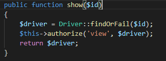 si borro $**this->authorizeResource()** de mi constructor y utilizo esta sintaxis me funciona bien, pero no quiero hacer $this->authorize cada vez que lo necesite