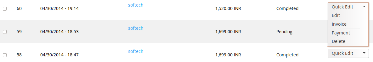 admin page screenshot show quick edit option Edit, invoice, payment, and delete 