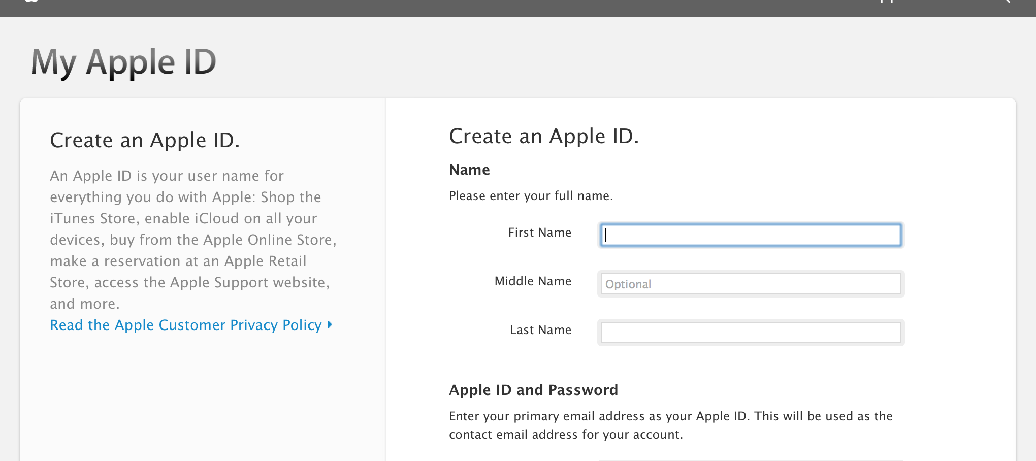 apple id creation form