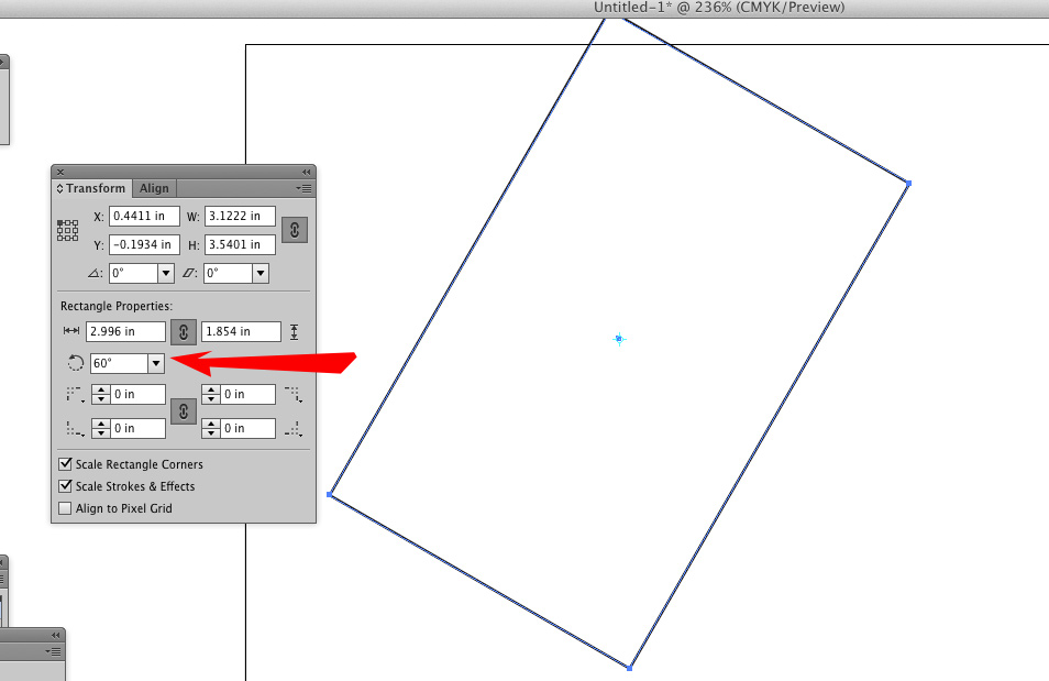 Transform panel and specific rotation angle in Illustrator