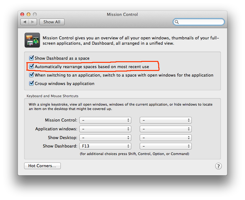 Screenshot of Mission Control Preferences