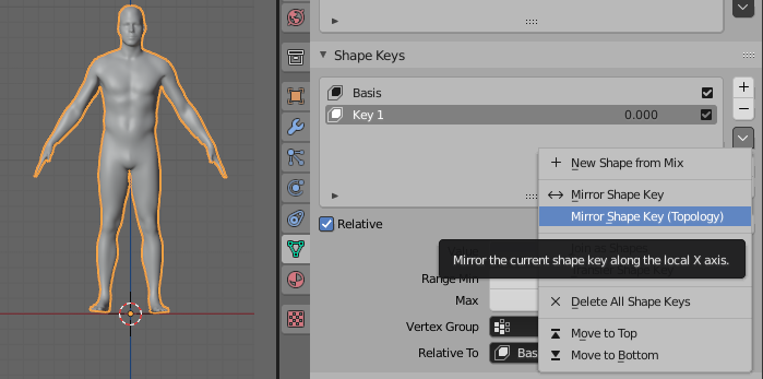 Avatar with a Basis and a second shape key that is mirrored base don topology