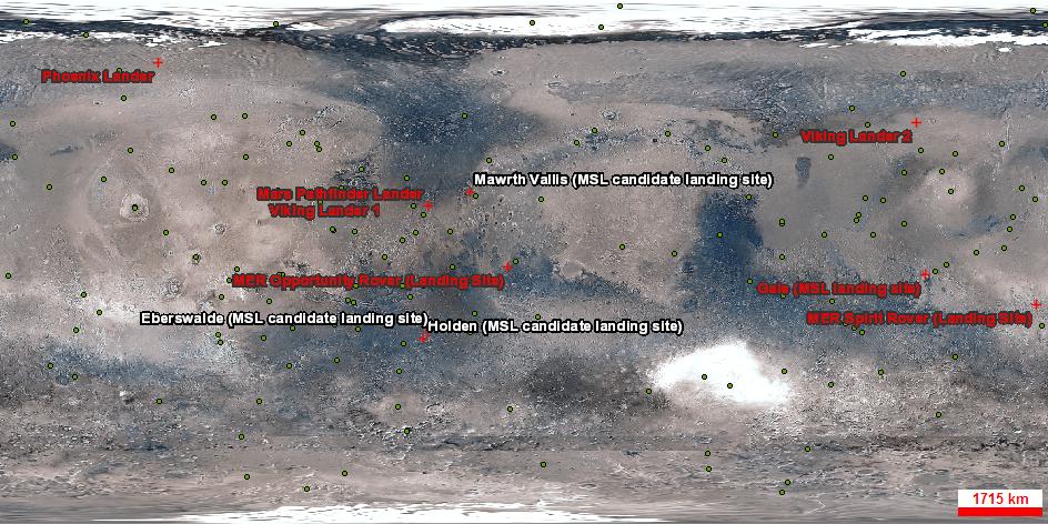 NASA Mars mission landing sites