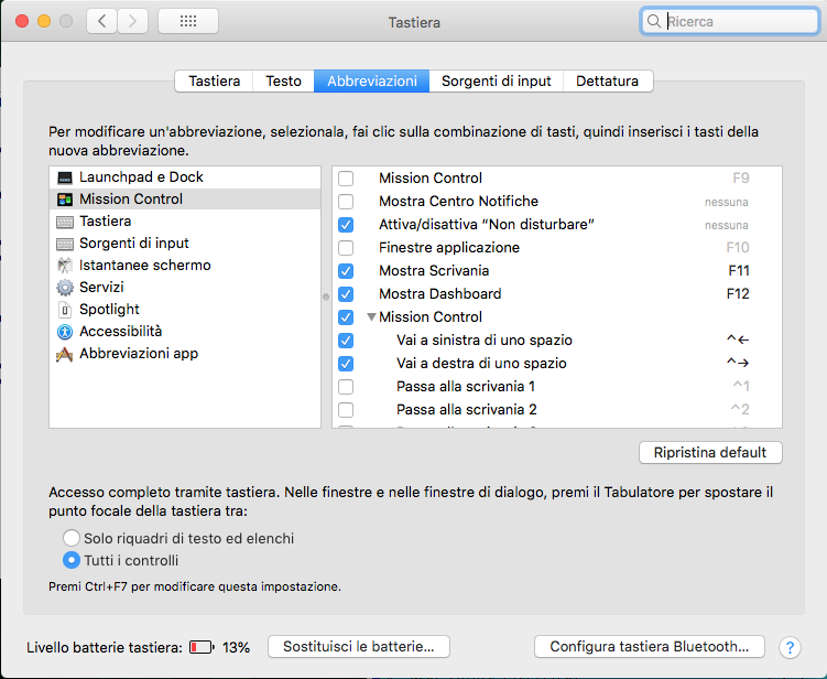 Settings>keyboard>shortcuts>mission control