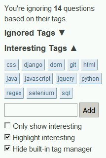 stack Overflow Tag Manager showing Interesting Tags