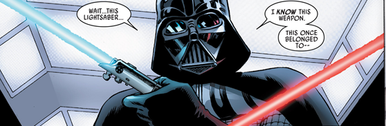 Subsequent frame from same comic; low view of Vader's head and shoulders against the ceiling.  Vader is holding Luke's lightsaber in his left hand.  He says "Wait... this lightsaber...  I know this weapon.  This once belonged to--"