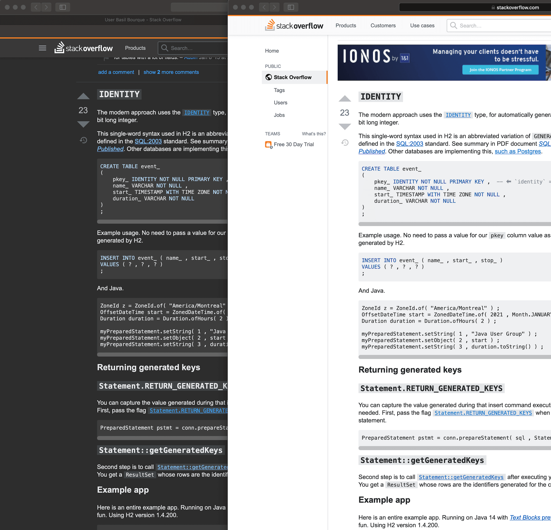 screenshot of two pages side-by-side, one in dark mode, the other in light mode