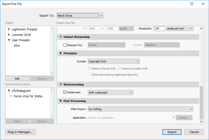 Export dialog