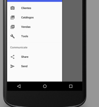 Captura de tela de uma aplicação Android com vários uma NavigationDrawer aberta, contendo vários menus. Do lado esquerdo de cada menu, há um ícone não-relacionado com a descrição do menu, dando a entender que são ícones padrão