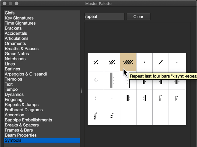 Master Pallet - Symbols, showing Repeat Last Four Bars symbol