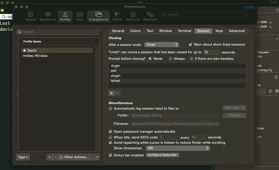 Screenshot of iTerm's Preferences > Profiles > Session