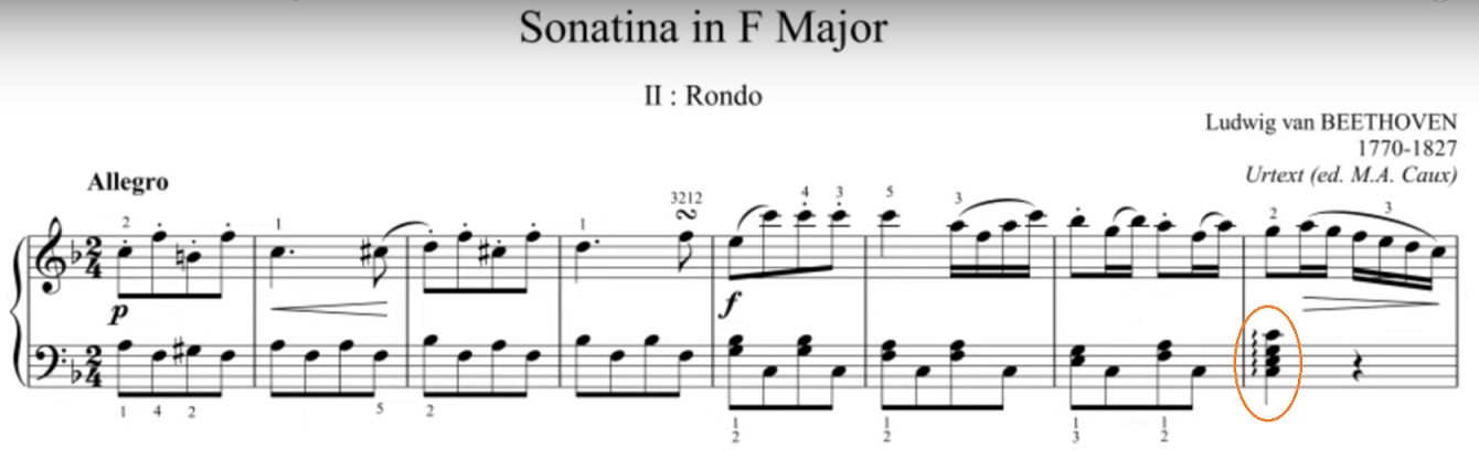 Arpeggiated LH chord in Beethoven Sonatina in F Major, mvmt 2, m. 8