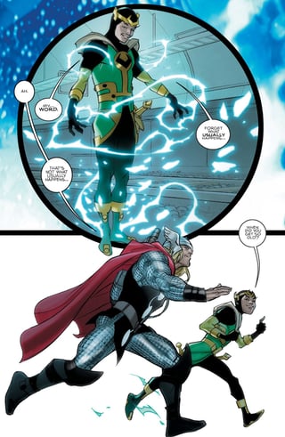 Thor transforms the hidden Loki into Kid Loki using Mjolnir