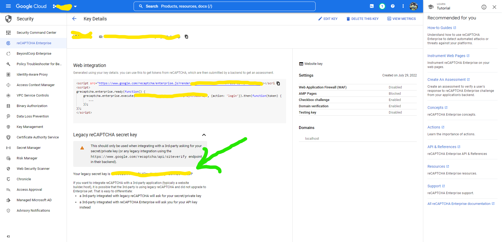 Recaptcha secret key, where is it in my Google Cloud Recaptcha account ...