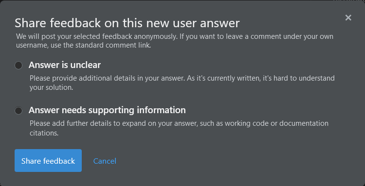 Feedback dialog for new user answer with "Answer is unclear" and "Answer needs supporting information" options