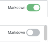 Two screenshots in one - on top, the Markdown switcher in Markdown mode with the switch background green and the selector on the right; on the bottom, the Markdown switcher in rich text mode with the background grey and the selector on the left.