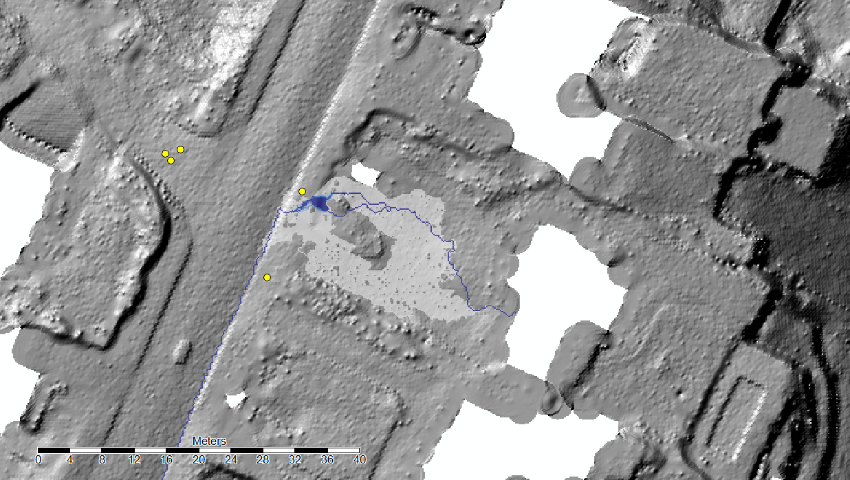 Downslope Area (Method MDF) with SAGA; the yellow points are the manholes