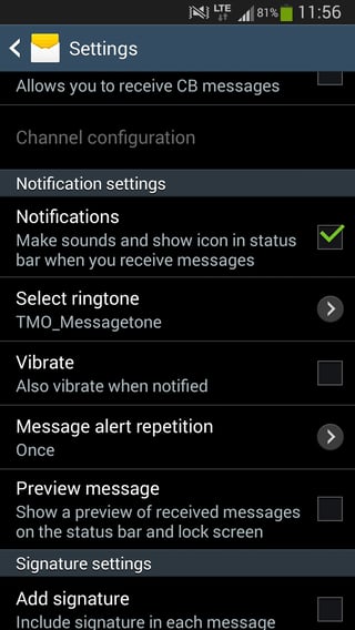 SMS notification settings