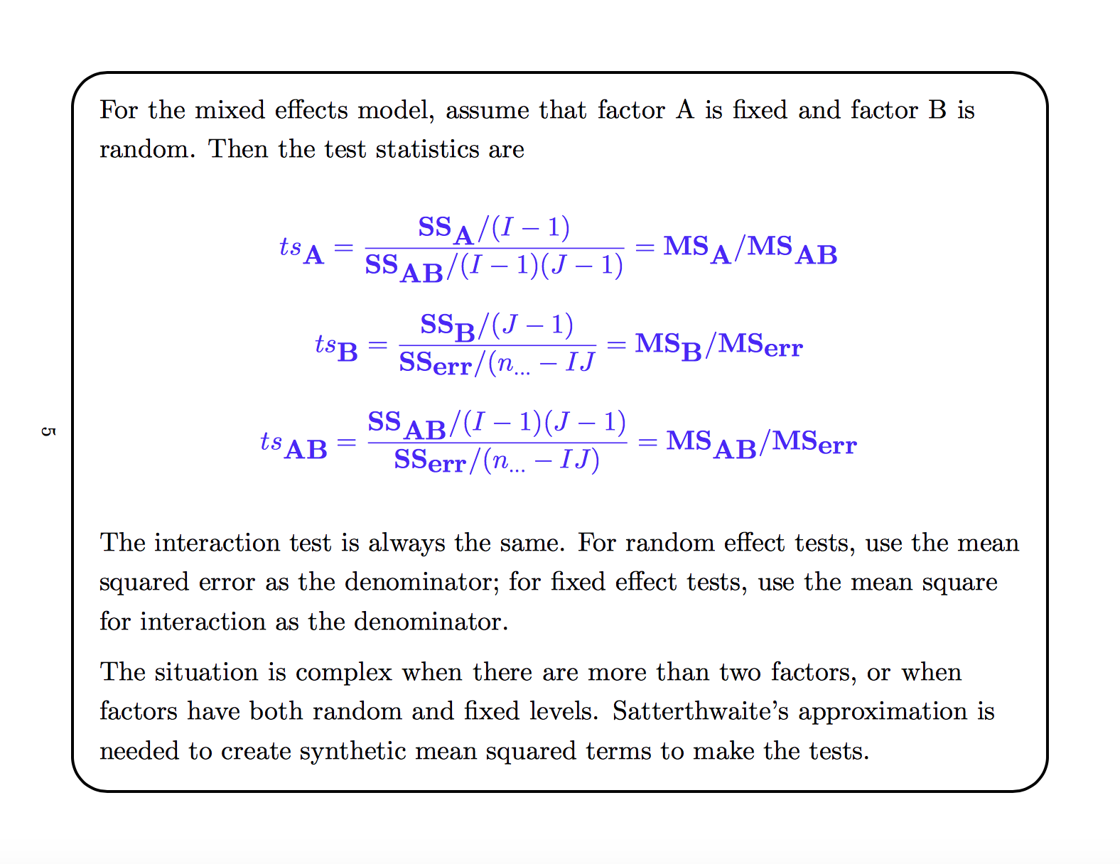 test statistics for mixed effects model