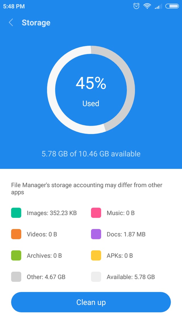 Screenshot of storage settings