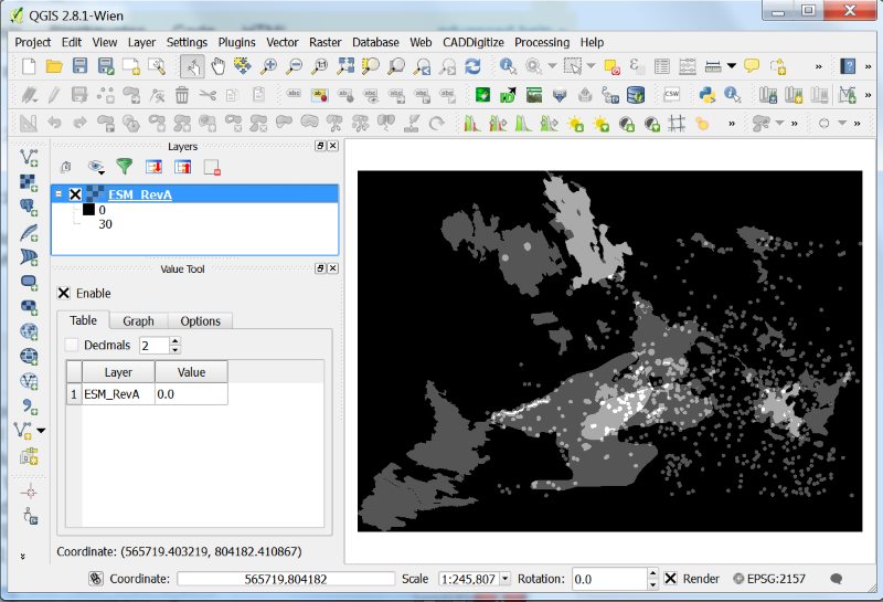 Screen capture of QGIS with raster max value overridden to display actual max of 30