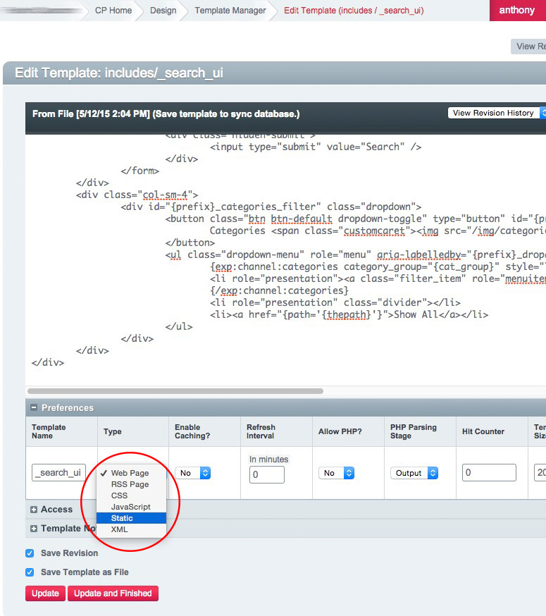 Static Template setting, ExpressionEngine