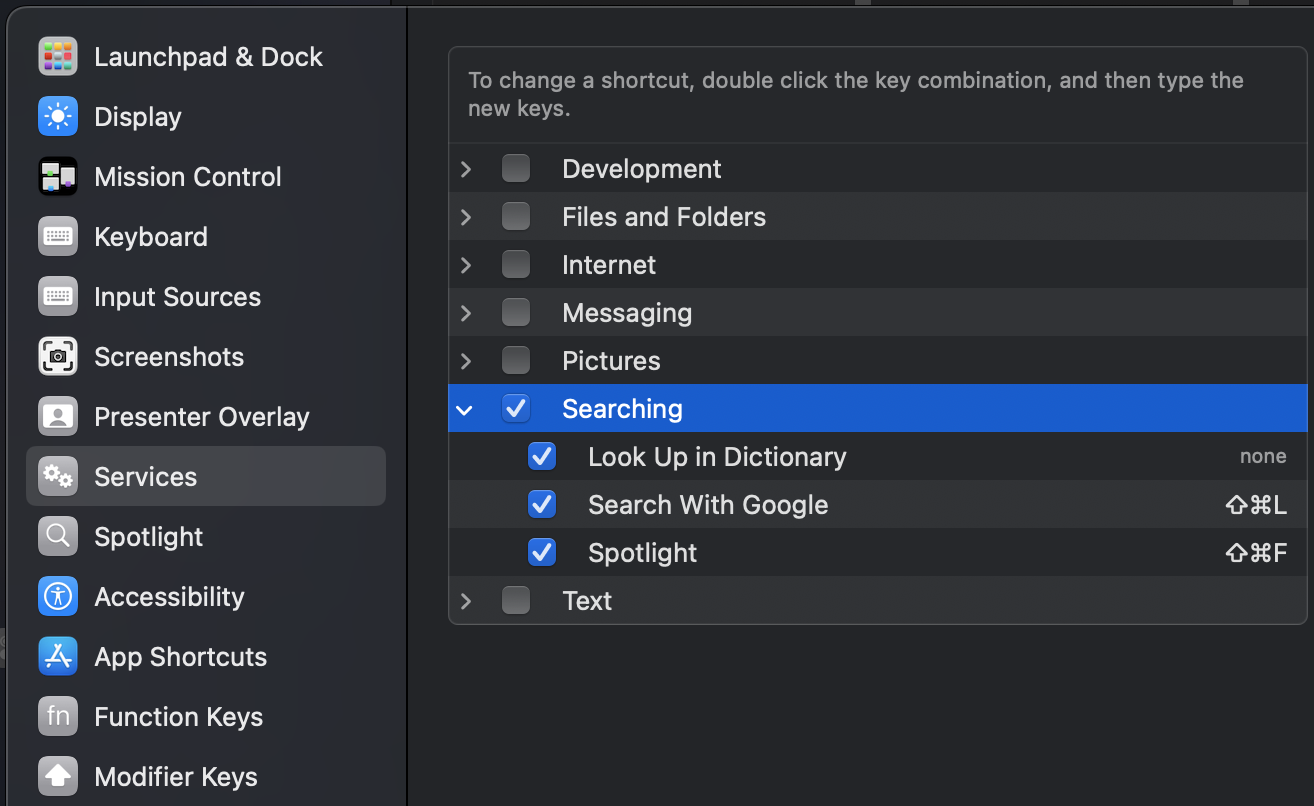 macOS Keyboard Shortcut Settings